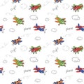 cartoon colored planes with eyes for children. seamless vector pattern of planes, on a white isolated background, for fabric,