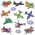 Cartoon colored planes, fighter, helicopter, clouds, planes with eyes, for children. stickers with a cutting outline, on a white