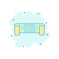 Cartoon colored promo ribbon icon in comic style. Discount stick