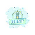 Cartoon colored rent house icon in comic style. Home illustration pictogram. Rental sign splash business concept. Royalty Free Stock Photo