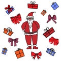 Cartoon colored Santa Clause with many multicolor gift boxes around him on a white background. For Christmas greeting Cards and