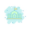 Cartoon colored school building icon in comic style. College education illustration pictogram. Bank, government splash business c