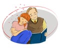 Cartoon colored vector illustration of young girl leaning on her father`s shoulder and listening to her father`s sweet voice while Royalty Free Stock Photo