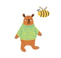 Cartoon colorful bear in jumper standing with bee vector flat illustration. Cute wild animal posing with insect isolated