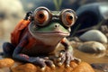 cartoon colorful bright frog in glasses with a backpack over his shoulders sits on the shore of a reservoir - Generative AI Royalty Free Stock Photo