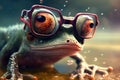 cartoon colorful bright frog with glasses in the rain, humor - Generative AI