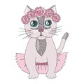 Cartoon colorful cat with flower on the head for coloring book or pages