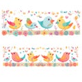 Cartoon colorful childish hand drawn birds borders set for baby girls and baby boys. Vector ornamental funny border design on Royalty Free Stock Photo