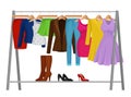 Cartoon colorful clothes on hangers. Fashion concept.