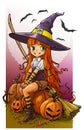 Cartoon cute little witch with halloween pumpkins Royalty Free Stock Photo