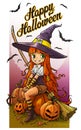 Cartoon cute little witch with halloween pumpkins Royalty Free Stock Photo