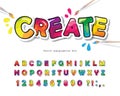 Cartoon colorful font for kids. Creative paint ABC letters and numbers. Bright glossy alphabet. Paper cut out. For