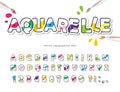 Cartoon colorful font for kids. Creative watercolor ABC letters and numbers. Bright aquarelle alphabet. Paper cut out