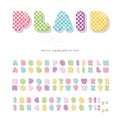 Cartoon colorful font. Plaid textile alphabet. Cute decorative 3d ABC letters and numbers. Vector