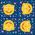 Cartoon Colorful Funny Faces With Dots And Lines. Seamless Vector Pattern