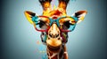 Cartoon colorful giraffe with sunglasses on white background