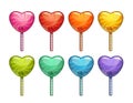 Cartoon colorful heart shaped lollipops set. Candy icons collection.