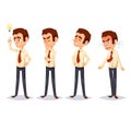 Cartoon colorful illustration of a handsome young businessman in various poses Business man character design. Think, idea,