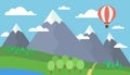 Cartoon colorful illustration of a mountain landscape with a hill, forest and lake on a grassy meadow under a blue sky Royalty Free Stock Photo