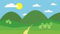 Cartoon colorful illustration of mountain landscape with hill, path and trees under blue sky with clouds and sun