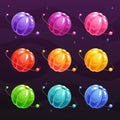 Cartoon colorful jelly planets on space background. Glossy sweet round items for game design. Royalty Free Stock Photo