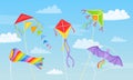 Cartoon colorful kites in sky with clouds, kite festival background. Blue skies with flying air toys, summer kids Royalty Free Stock Photo