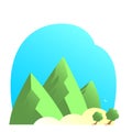 Cartoon colorful landscape with green mountains and trees with blue sky