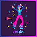 Cartoon colorful party boy, disco dancer man funky 80s poster. Love retro