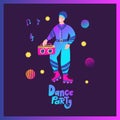 Cartoon colorful party boy, disco dancer man funky 80s poster. Love retro