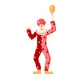 Cartoon colorful person wearing clown costume vector flat illustration. Funny circus character in bright apparel with