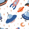 Cartoon colorful set seamless pattern with UFO rocket spaceship moon and stars on white background. Wallpaper, print, packaging,