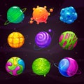 Cartoon colorful slime planets set. Fantasy alien slimy planet on the space background. Royalty Free Stock Photo