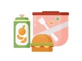 Cartoon colorful storage box with school lunch vector flat illustration. Colored tasty food hamburger, beverage and