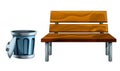 Cartoon colorful stree bench and dust bin isolated illustration for children