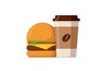 Cartoon colorful tasty burger and disposable paper coffee cup. Hamburger or cheeseburger with hot beverage. Fast food Royalty Free Stock Photo