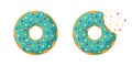 Cartoon colorful tasty donut whole and bitten set isolated on white background. Green glazed doughnut top view for cake