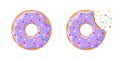 Cartoon colorful tasty donut whole and bitten set isolated on white background. Purple glazed doughnut top view for cake