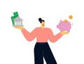 Cartoon colorful woman choosing between saving cash in bank and piggybank