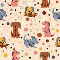 Cartoon colorfull funny cute seamless pattern with a dog on background bubbles.For printing baby textile, fabrics Royalty Free Stock Photo
