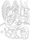Cartoon, coloring book. The Guardian Angel protects the babys sleep. Interior of the childrens room Royalty Free Stock Photo