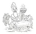 Cartoon coloring book illustration with fairy tale scene: rooster and two mice at the dinner table Royalty Free Stock Photo