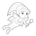 Cartoon coloring page of a fairy flying holding wand Royalty Free Stock Photo