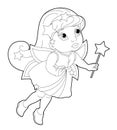 Cartoon coloring page of a fairy flying holding wand Royalty Free Stock Photo