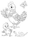 cartoon coloring page of hen with flower, chicken and earthworm