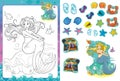 Cartoon coloring page with stickers - mermaid - isolated