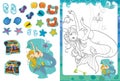 Cartoon coloring page with stickers - mermaid - isolated