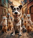 A Cartoon Comedy: A Dog with Collar Surrounded by a Street Gang of Cats