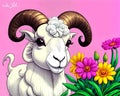 Cartoon comedy happy comic domestic white goat flowers