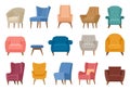 Cartoon comfy armchairs and chairs, modern furniture collection. Cozy retro apartment soft armchairs vector symbols illustration Royalty Free Stock Photo