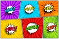 Cartoon comic backgrounds set. Speech bubble. Comics book colorful poster with halftone elements and text. Vector